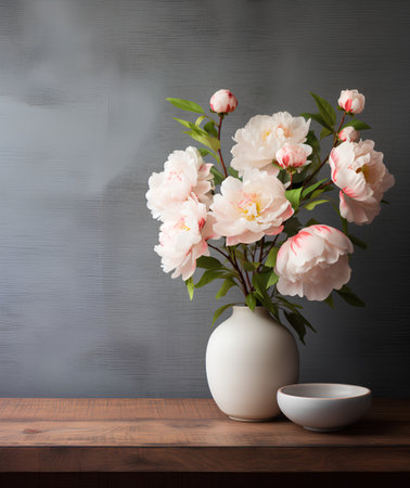 Bouquet of peony flowers in vase on wooden tableの素材