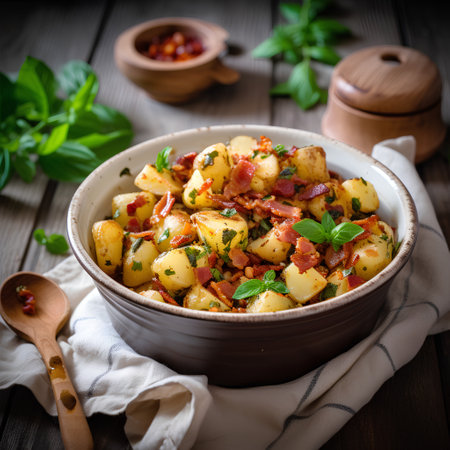 Potato salad with bacon and cheese, rustic style, selective focusの素材