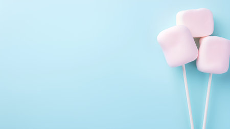 Pink marshmallow on stick on blue background. Flat lay, top view.の素材