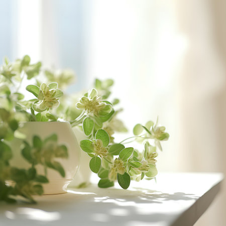 Spring flowers in vase on white table. Shallow DOFの素材