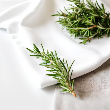 Fresh rosemary twigs on a white napkin. Copy space.の素材