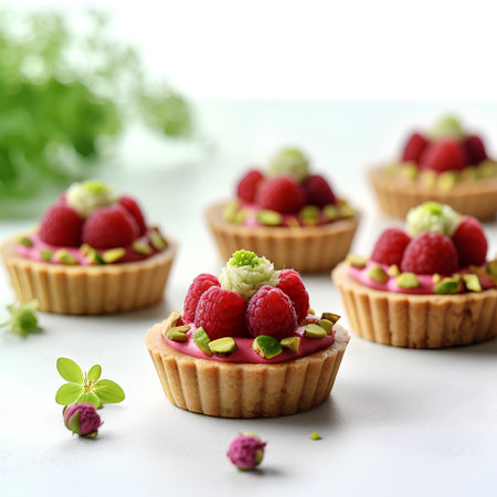 Mini tartlets with fresh raspberries and pistachios on white backgroundの素材
