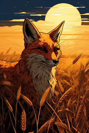 Red fox in a field of wheat at sunset. Vector illustration.の素材