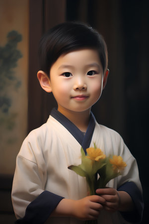 Japanese boy with a bouquet of daffodils in his handsの素材
