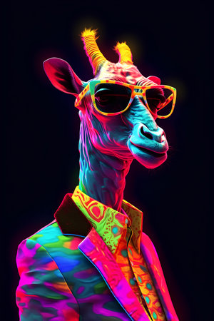 Fashionable giraffe in sunglasses on dark background. 3d renderingの素材