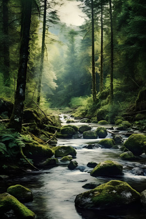 Mountain river flowing through the forest. Filtered image processed vintage effect.の素材