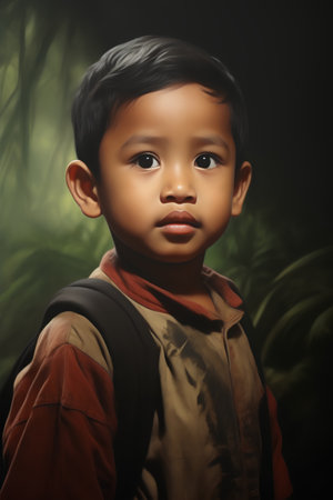 Portrait of a cute little boy looking at the camera with a serious expressionの素材