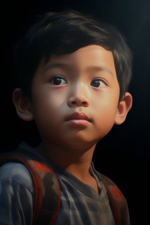 3d rendering of a little boy with a backpack on a black backgroundの素材
