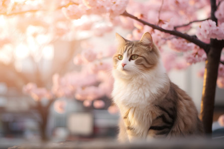 Cute cat sitting in front of blooming sakura tree.の素材