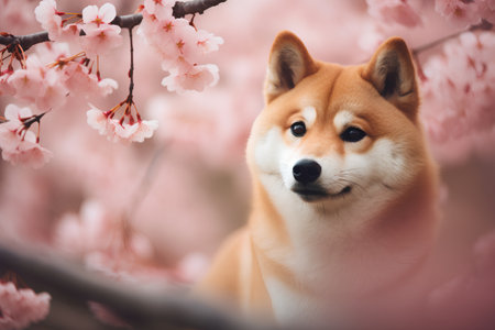 Portrait of shiba inu dog on pink sakura backgroundの素材