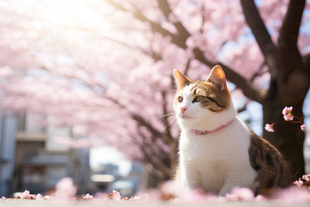 Cute cat sitting on blooming sakura tree in spring timeの素材