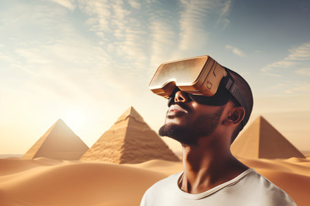 Young african american man wearing virtual reality goggles in the desertの素材
