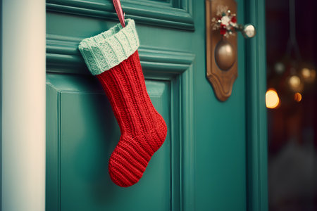 Christmas socks hanging on a door. Vintage style. Toned.の素材