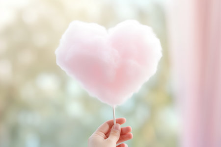 Cotton candy in the shape of a heart in hand on a blurred backgroundの素材