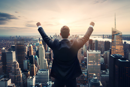 Back view of young businessman standing with raised hands and looking at the city at sunsetの素材
