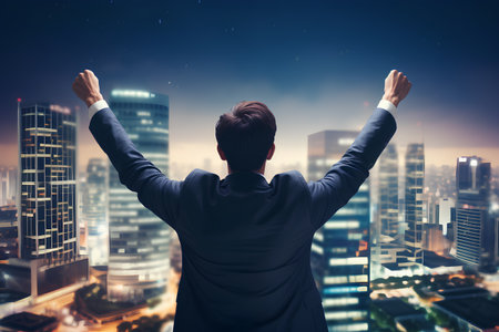 Back view of young businessman standing with raised hands against night cityscapeの素材