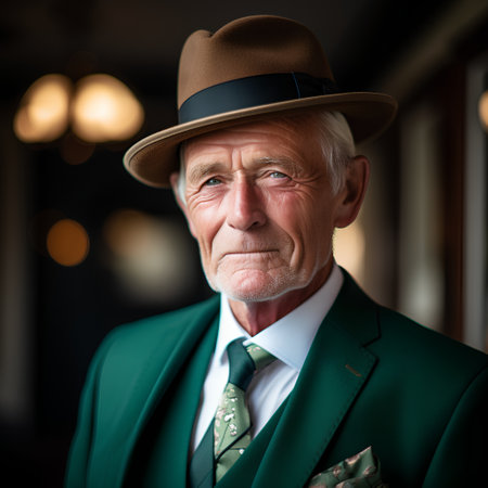 Portrait of an old man in a hat and green suit.の素材