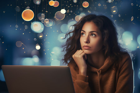 Thoughtful young woman using laptop computer at night. Dream concept.の素材