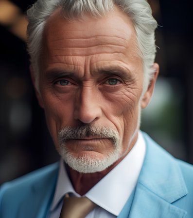 Portrait of an old man with grey hair in a blue suit.の素材