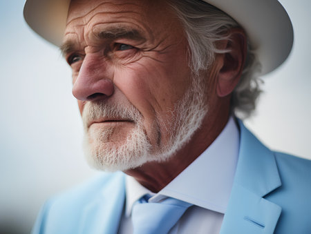 Portrait of a senior man wearing a hat and blue suit.の素材