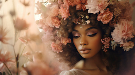 Fashion portrait of beautiful african american woman with flowers in hairの素材