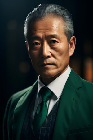 Portrait of mature Asian businessman in green suit looking at camera.の素材