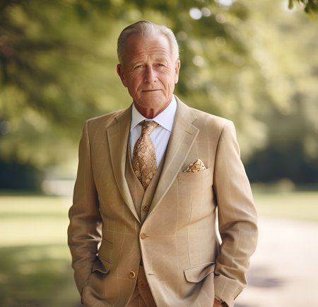 Elderly man in a suit. Portrait of a senior man outdoors.の素材