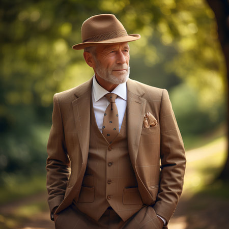 Elegant senior man in suit and hat standing in the park.の素材