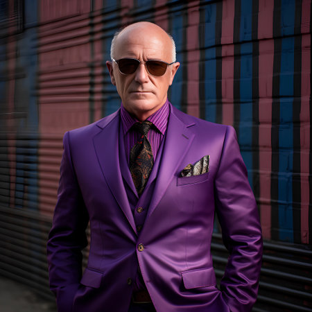 Portrait of a handsome mature man in a purple suit and sunglassesの素材