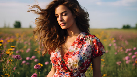 Beautiful young woman in a field of wildflowers. Spring.の素材