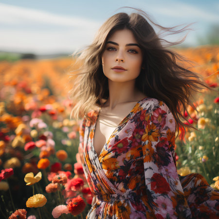 Beautiful young woman in a field of blooming poppiesの素材