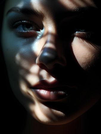 Closeup portrait of a beautiful woman's face on dark background.の素材