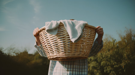 Wicker basket with clean towels in hands of young woman on nature background.の素材