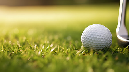 Golf ball and golf club on green grass background with copy spaceの素材