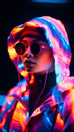 Futuristic portrait of a woman in neon light. Portrait of a girl in sunglasses.の素材