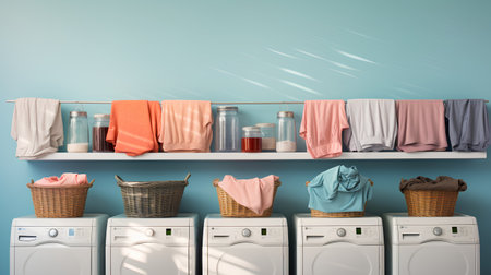 Laundry room interior with washing machines, towels and baskets. 3d renderの素材