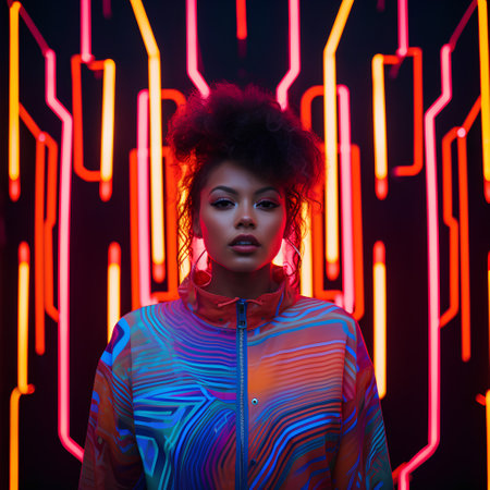 attractive african american woman with afro hairstyle posing in neon lightの素材