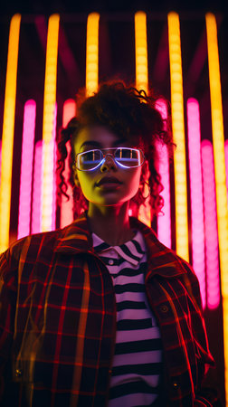 stylish african american girl in eyeglasses looking at cameraの素材