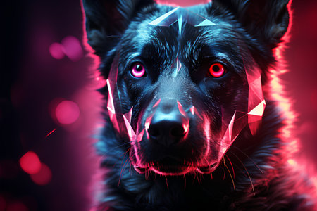 Black shepherd dog with polygonal wireframe on the background.の素材