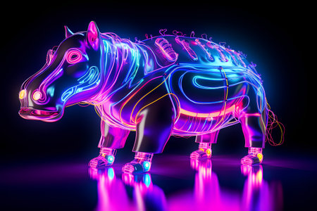 Neon horse on dark background. 3d rendering, 3d illustration.の素材