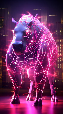 3d rendering of a hologram of a bull with a neon backgroundの素材