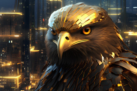 Eagle in golden helmet on a background of the night city. 3d renderingの素材