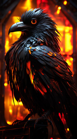 Black raven on the background of a burning fire in the night.の素材
