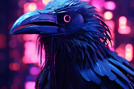Portrait of a raven on the background of a purple neon lightの素材