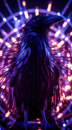 Black raven on the background of a luminous ferris wheel.の素材