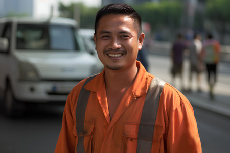 Portrait of happy Asian worker in orange uniform smiling on the streetの素材