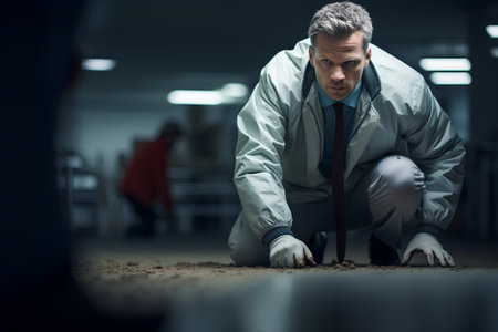 Portrait of a serious male doctor in a white coat and black tie crouching on the floor.の素材