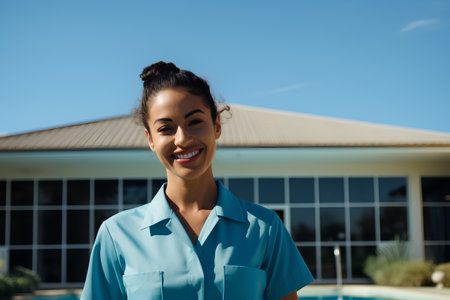 portrait of smiling african american woman standing near swimming poolの素材