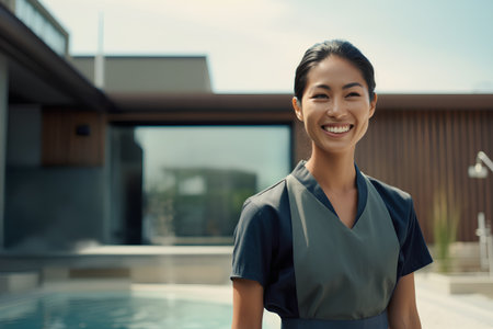portrait of smiling asian businesswoman standing near swimming pool in hotelの素材