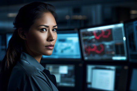 Portrait of young Asian businesswoman looking at camera while standing in front of monitor with stock market chart.の素材